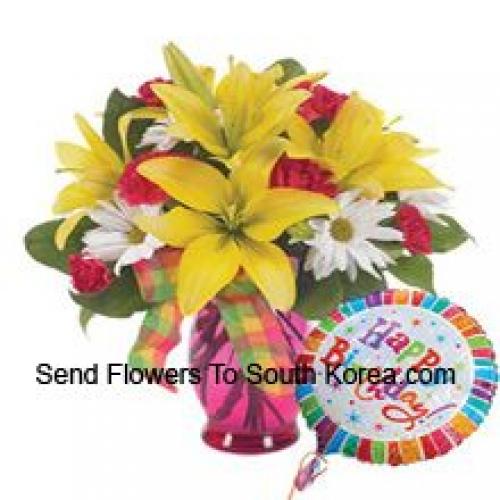 Assorted Flowers with Cute Birthday Balloon