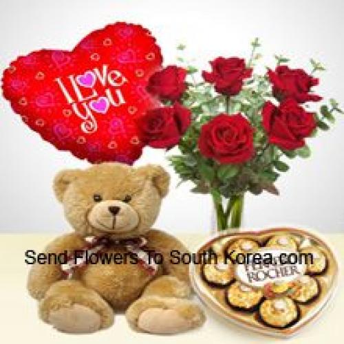 6 Roses with Teddy, Chocolates and Balloon