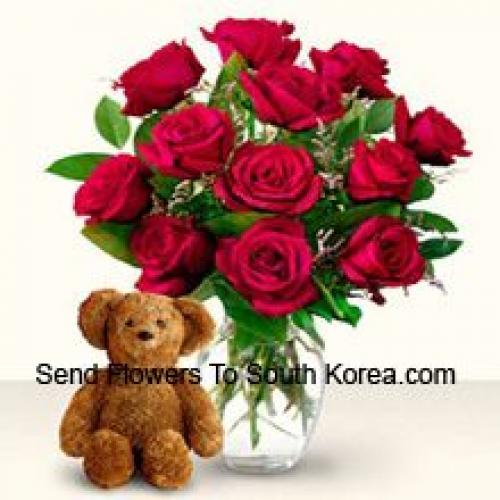 12 Red Roses with Cute 12 Inch Teddy