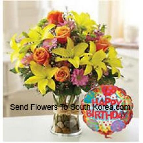 Beautiful Assorted Flowers with Birthday Balloon