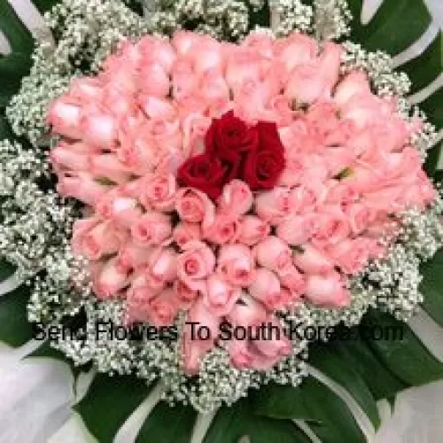 Bunch Of 97 Pink And 3 Red Roses With Seasonal Fillers