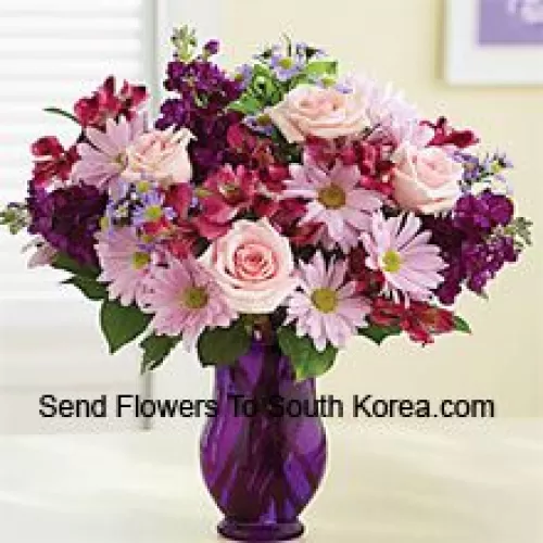 Pink Roses, Pink Gerberas And Other Assorted Flowers Arranged Beautifully In A Glass Vase -- 24 Stems And Fillers